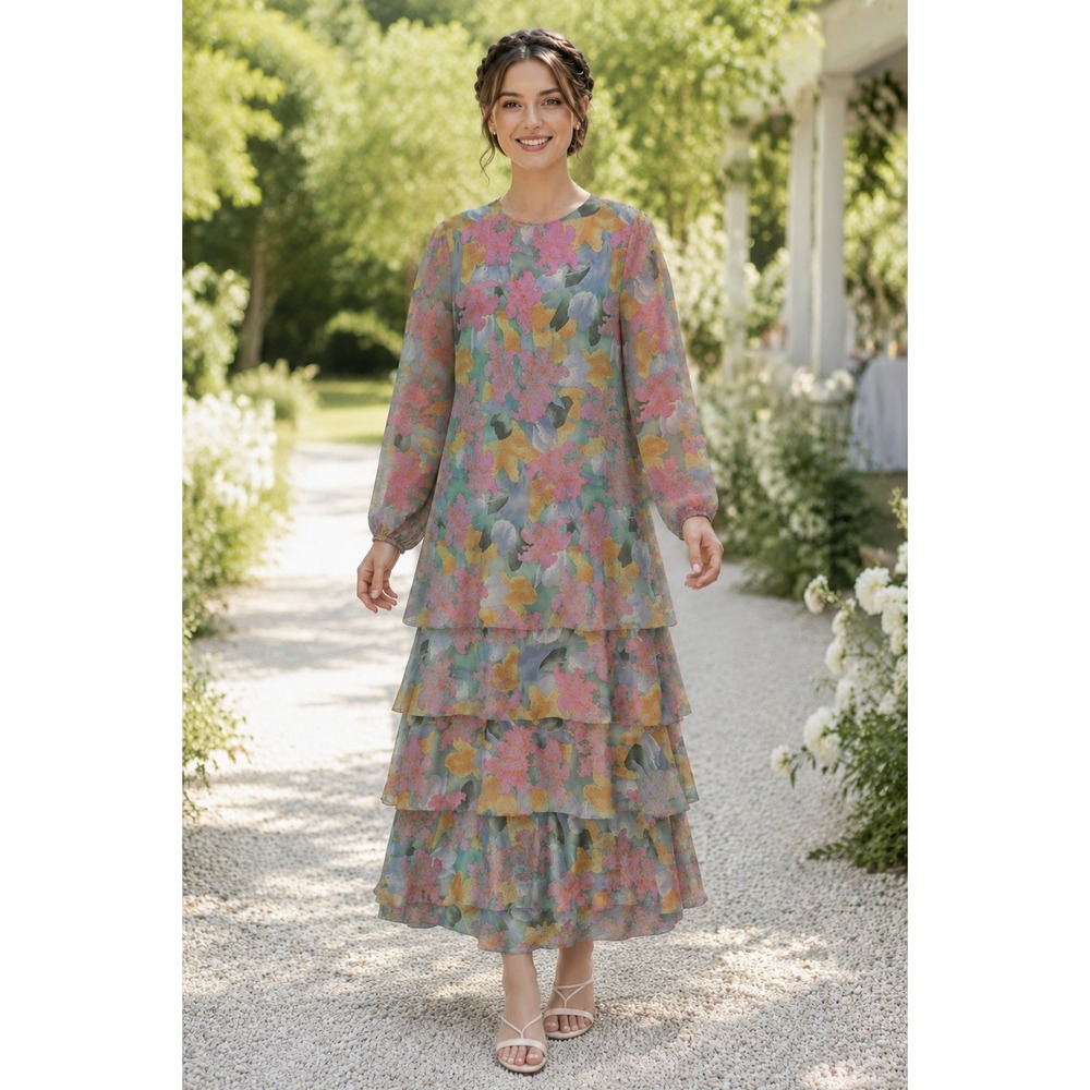 Boho Luxe Cottagecore Y2K Anne Crimmins Silk Floral Tiers Vintage 10 Maxi Dress